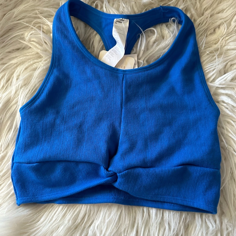 Fabletics Kinsley knot front seamless bra ribbed blue M NWT